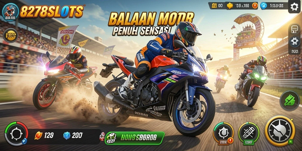 Tampilan gameplay balapan motor yang seru dan mendebarkan.