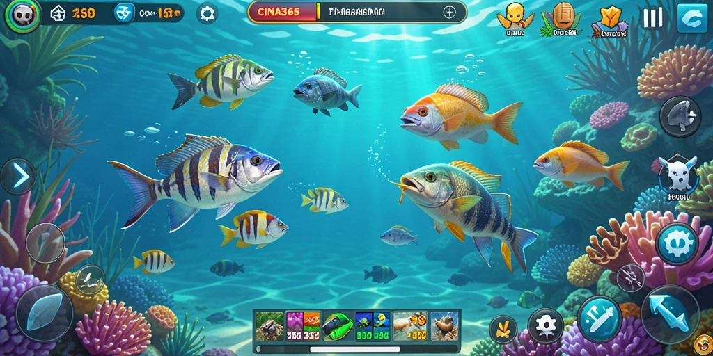 Gameplay seru CINA365 dengan berbagai ikan warna-warni.