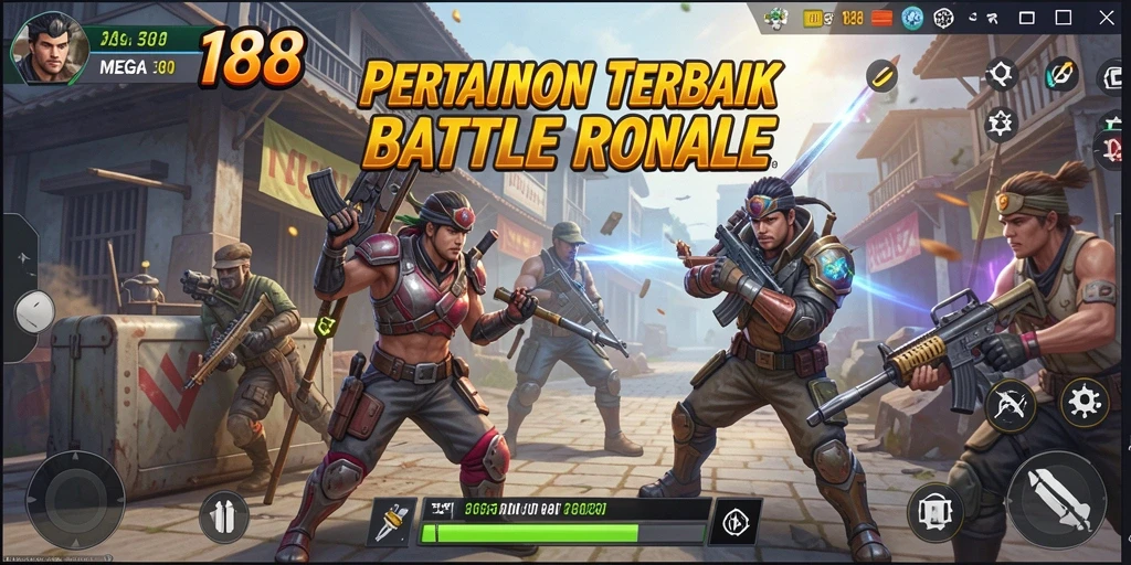 Screenshot utama MEGA188 menampilkan aksi seru di arena Battle Royale.