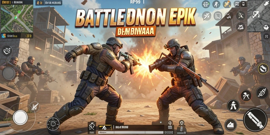 Screenshot gameplay RP99 menampilkan pertempuran mendebarkan di arena Battle Royale.