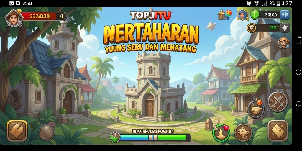 Screenshot gameplay TOPJITU menampilkan aksi menara yang mendebarkan.